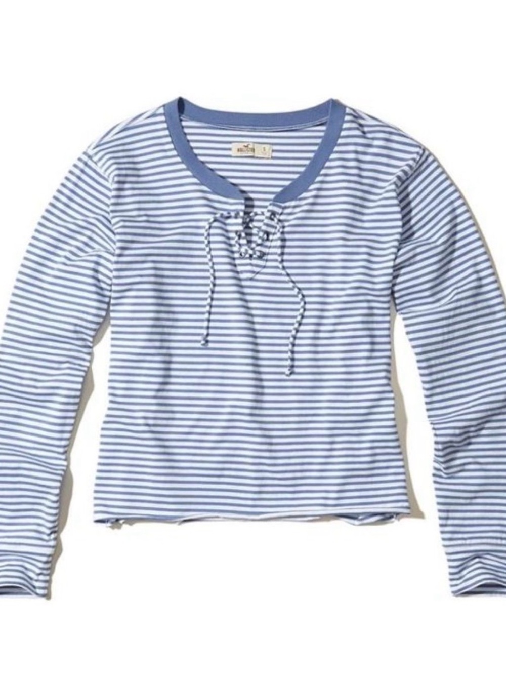 NWOT Hollister blue and white striped lace up long-sleeve top. Size Medium